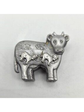 Vintage Torino Pewter Cow Trinket Box Pin Earrings Set Jewelry Keepsake Holder